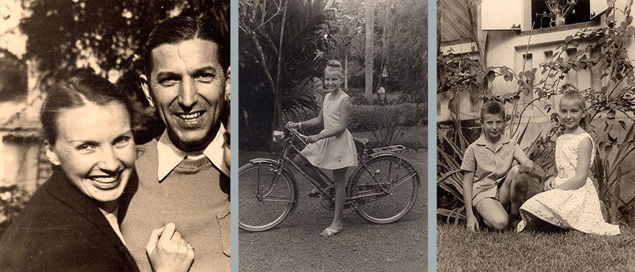 Left: 1949 Belgian Congo, Ganga Mira´s father and mother; Middle: 1958 Belgian Congo, Ganga Mira; Right: 1958 Sintra Portugal, Ganga Mira with her brother.