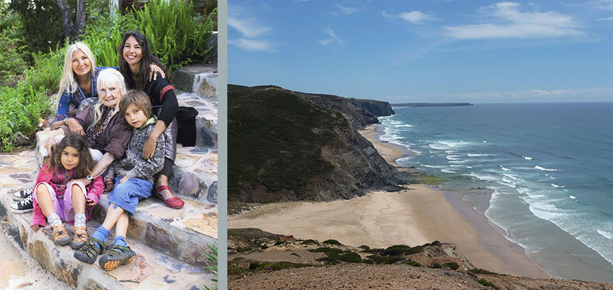 Left: 2011 Portugal, Ganga Mira with her family. Durga, Mukti, Arun and Satya; Right: 2009 Vale Figueiras Portugal, the wild Atlantic Ocean.