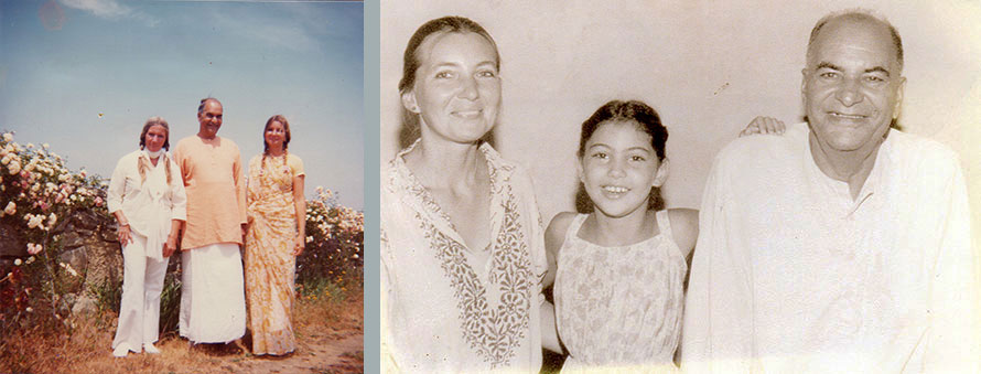 Left: 1976 Portugal, Durga, Sri Poonja and Ganga Mira; Right: 1981 India, Ganga Mira, Mukti and Sri Poonja.