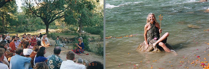 Left: 2003 Tiruvannamalai India, Ganga Mira giving Satsang to the sangha; Right: 2003 Rishikesh India, Ganga Mira in the river Ganga.